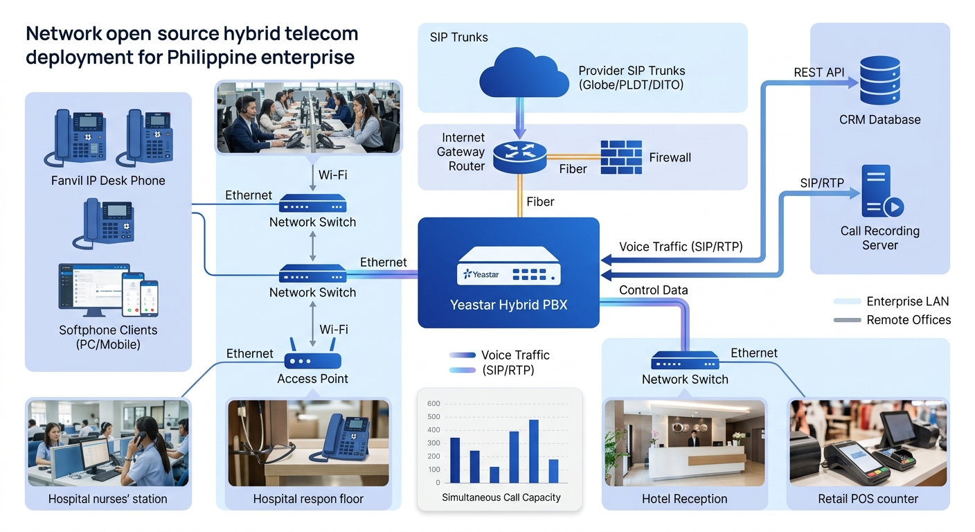 A network diagram showing a typical open-source hybrid telecom deployment for a Philippine enterprise, with Yeastar PBX at the center connected to SIP trunks, Fanvil desk phones, softphone clients, an
