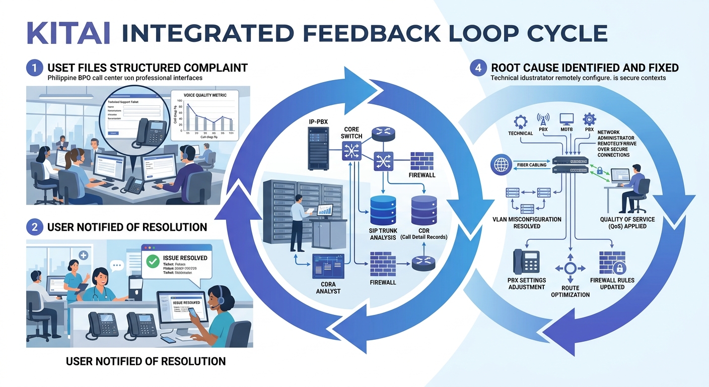 A feedback loop cycle showing four stages — user files structured complaint, IT correlates with network data, root cause identified and fixed, user notified of resolution — with arrows forming a conti
