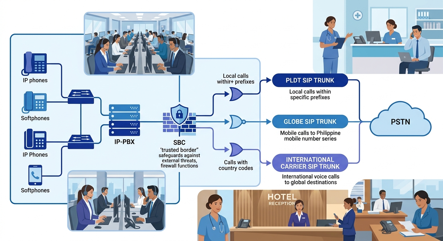 Diagram showing enterprise call routing through an SBC connected to three SIP trunk providers (PLDT, Globe, international carrier) with routing rules directing local, mobile, and international calls t