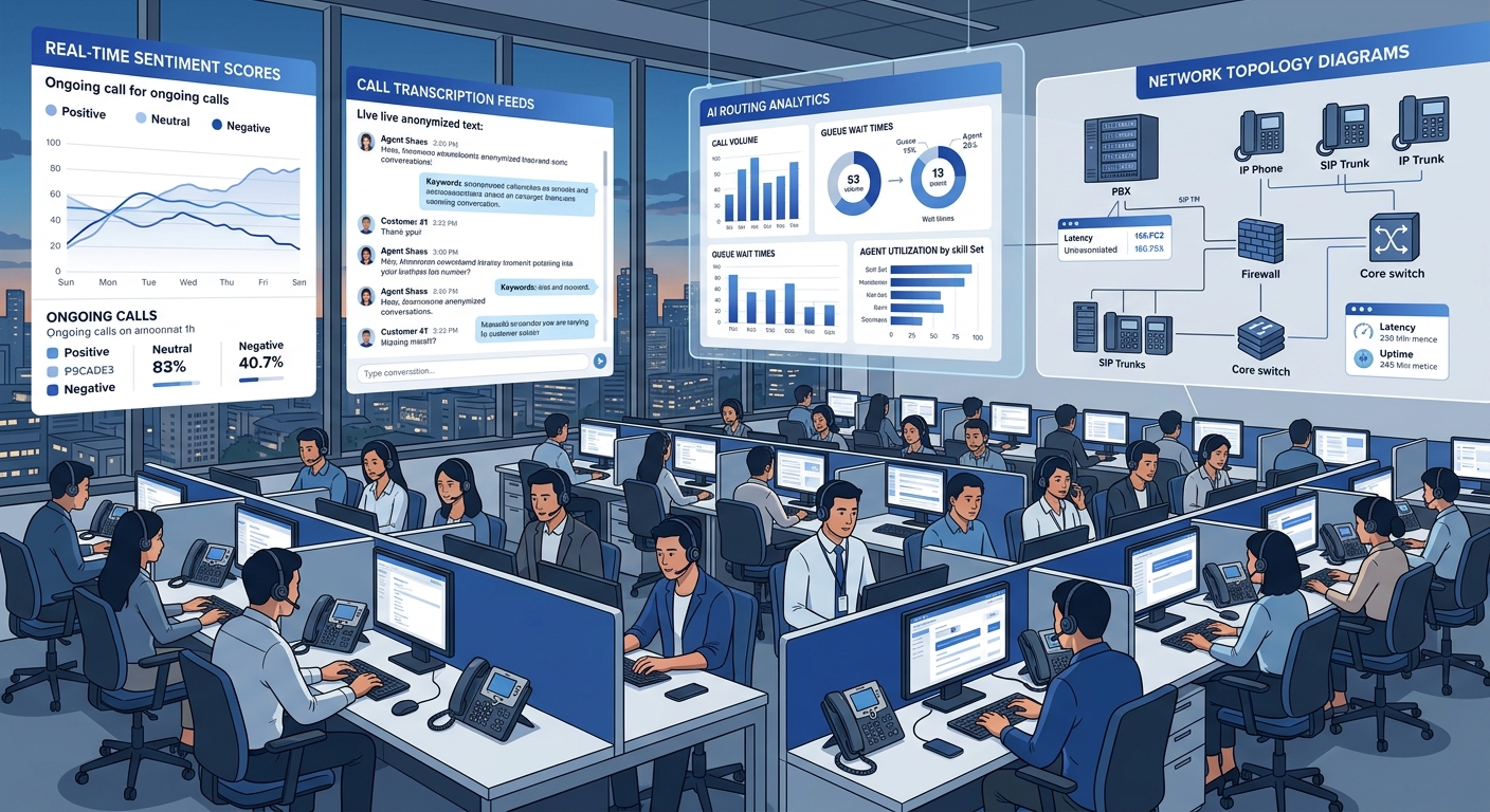photograph-style illustration of a modern Philippine BPO floor with agents at workstations, overlaid with dashboard screens showing real-time sentiment scores, call transcription feeds, and AI routing