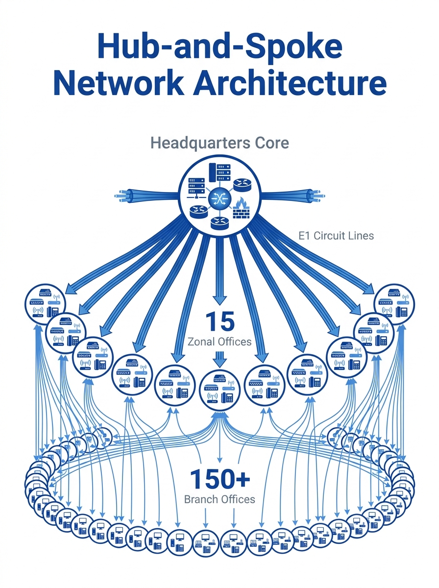 Network topology diagram showing a hub-and-spoke architecture with a central headquarters, 15 zonal offices in a middle ring, and 150+ branch offices on the outer ring, all connected by E1 circuit lin