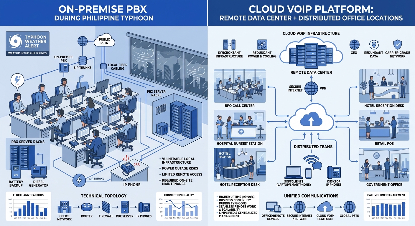 side-by-side comparison showing an on-premise PBX server room in a Philippine office during a typhoon versus a cloud VoIP platform operating from a remote data center with employees connecting from mu
