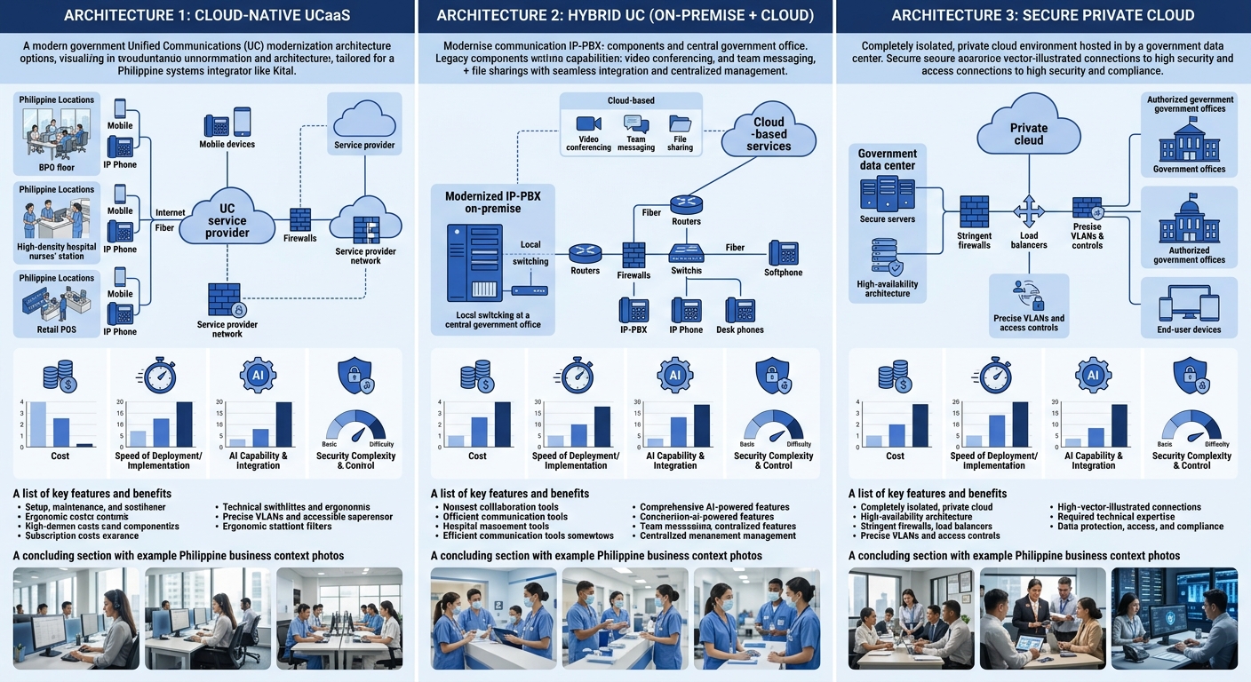 side-by-side visual comparing three government UC modernization architectures with icons representing cost, speed, AI capability, and security complexity for each option