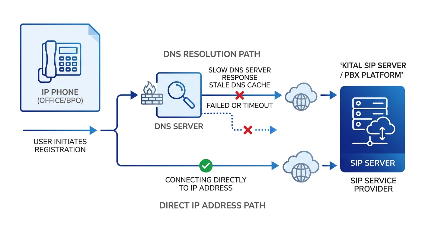 Diagram showing two parallel SIP registration paths, one through DNS resolution with potential failure points at slow DNS server and stale cache marked with red X symbols, and one connecting directly