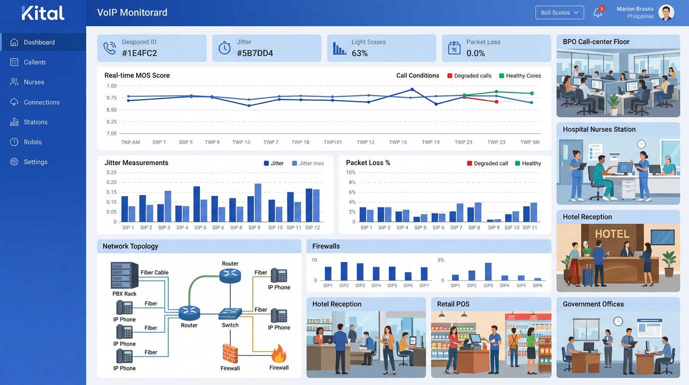 Screenshot-style illustration of a VoIP monitoring dashboard showing real-time MOS scores as line graphs, jitter measurements as bar charts, and packet loss percentages across multiple SIP trunks, wit