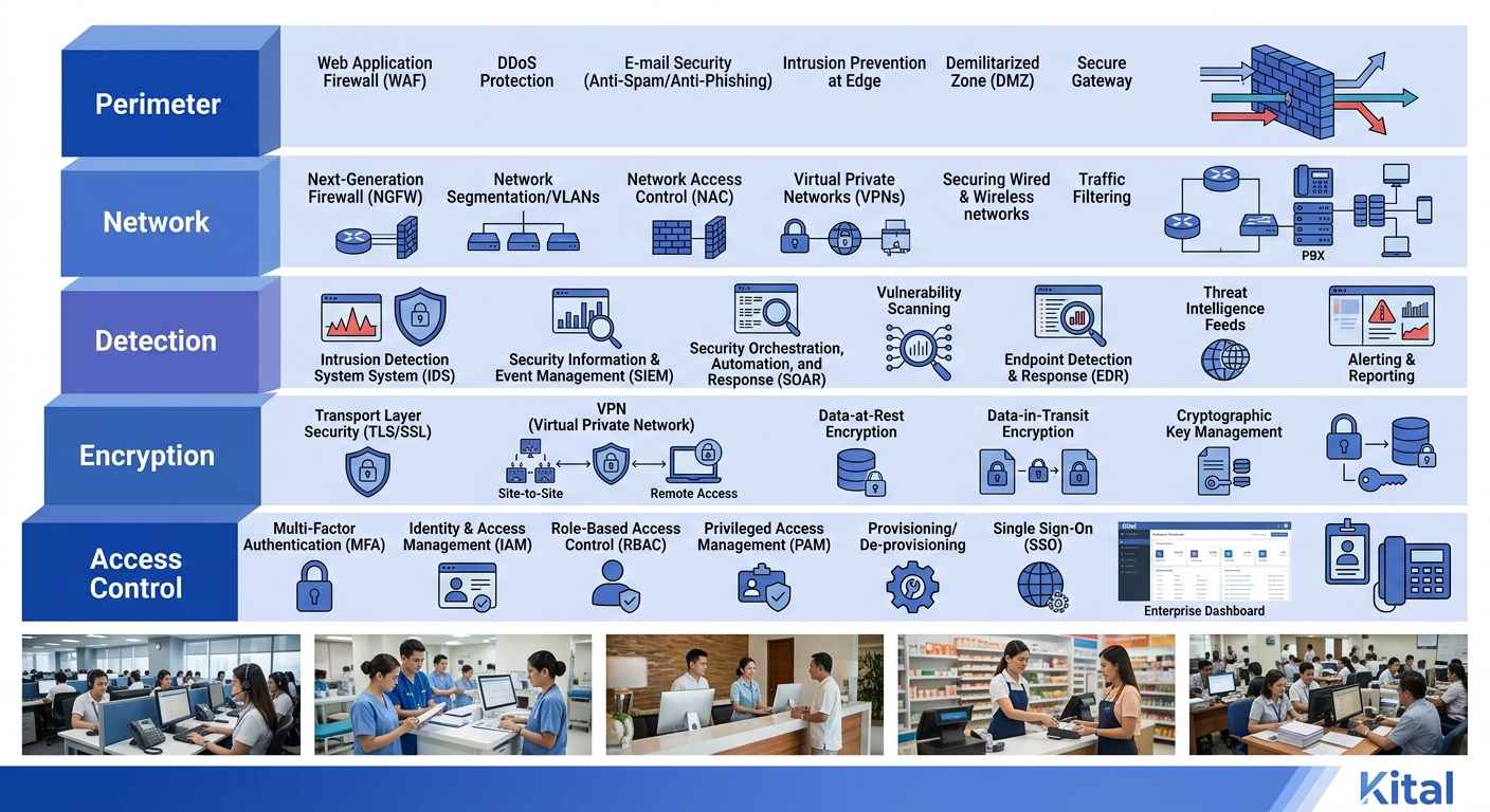 layered defense architecture diagram showing the five security tiers — perimeter, network, detection, encryption, and access control — stacked vertically with specific technologies and protocols label