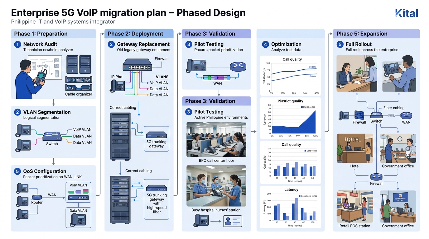 Flowchart showing a phased enterprise 5G VoIP migration plan with steps for network audit, VLAN segmentation, QoS configuration, gateway replacement, pilot testing, and full rollout