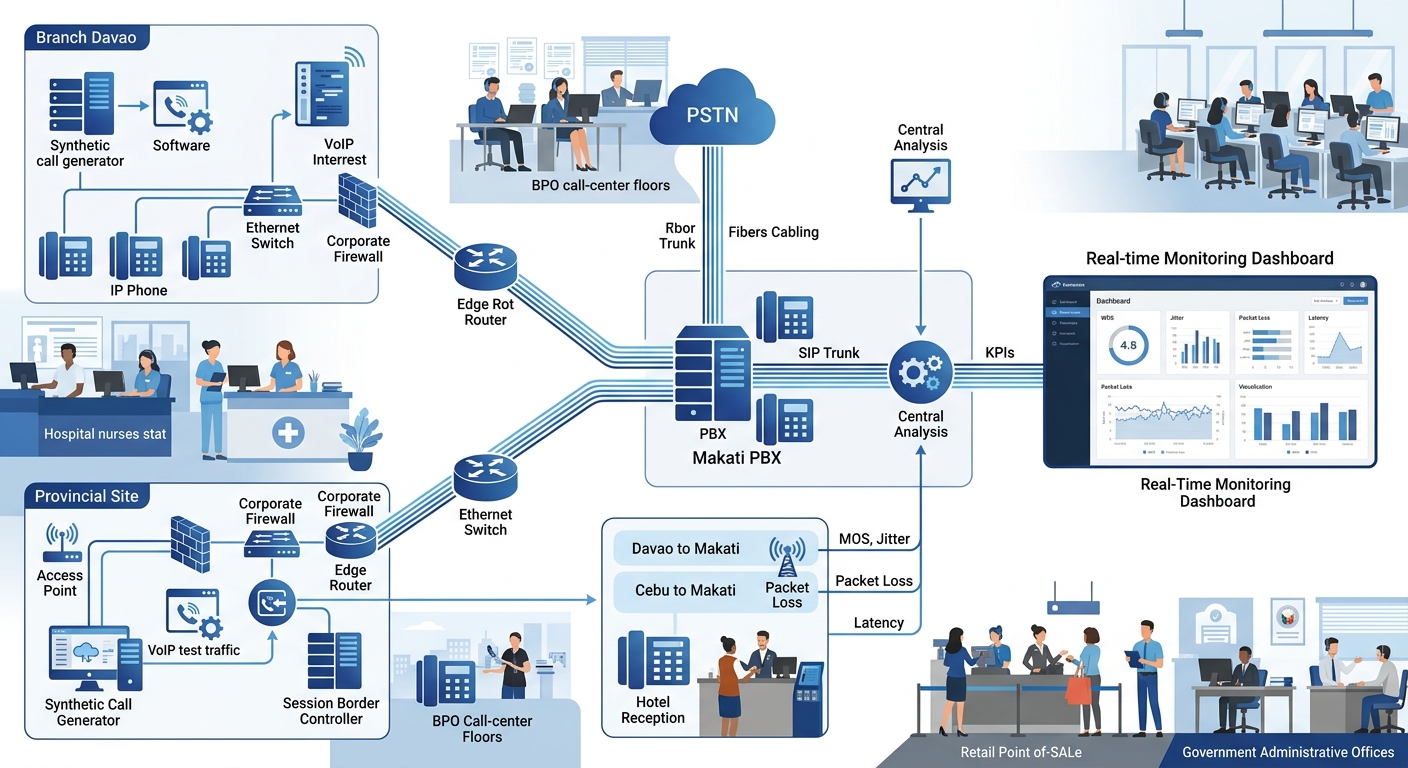 Diagram illustrating a proactive VoIP testing workflow with synthetic call generators at branch offices in Davao, Cebu, and a provincial site sending test calls to a central Makati PBX, with a monitor