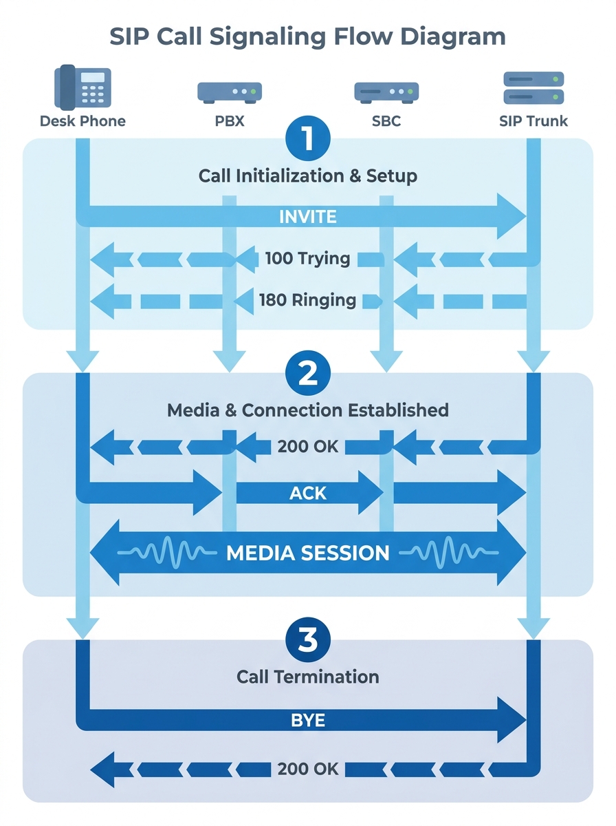 Diagram showing the SIP call signaling ladder from INVITE through 100 Trying, 180 Ringing, 200 OK, ACK, media session, and BYE, with labels for each message and the direction of flow between a desk ph