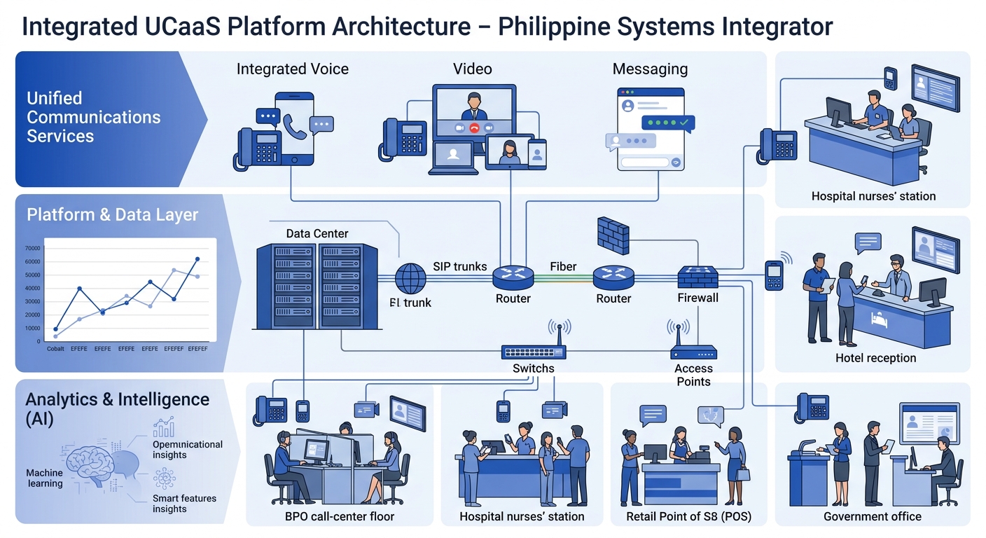 UCaaS platform components showing integrated voice, video, messaging, analytics, and AI layers