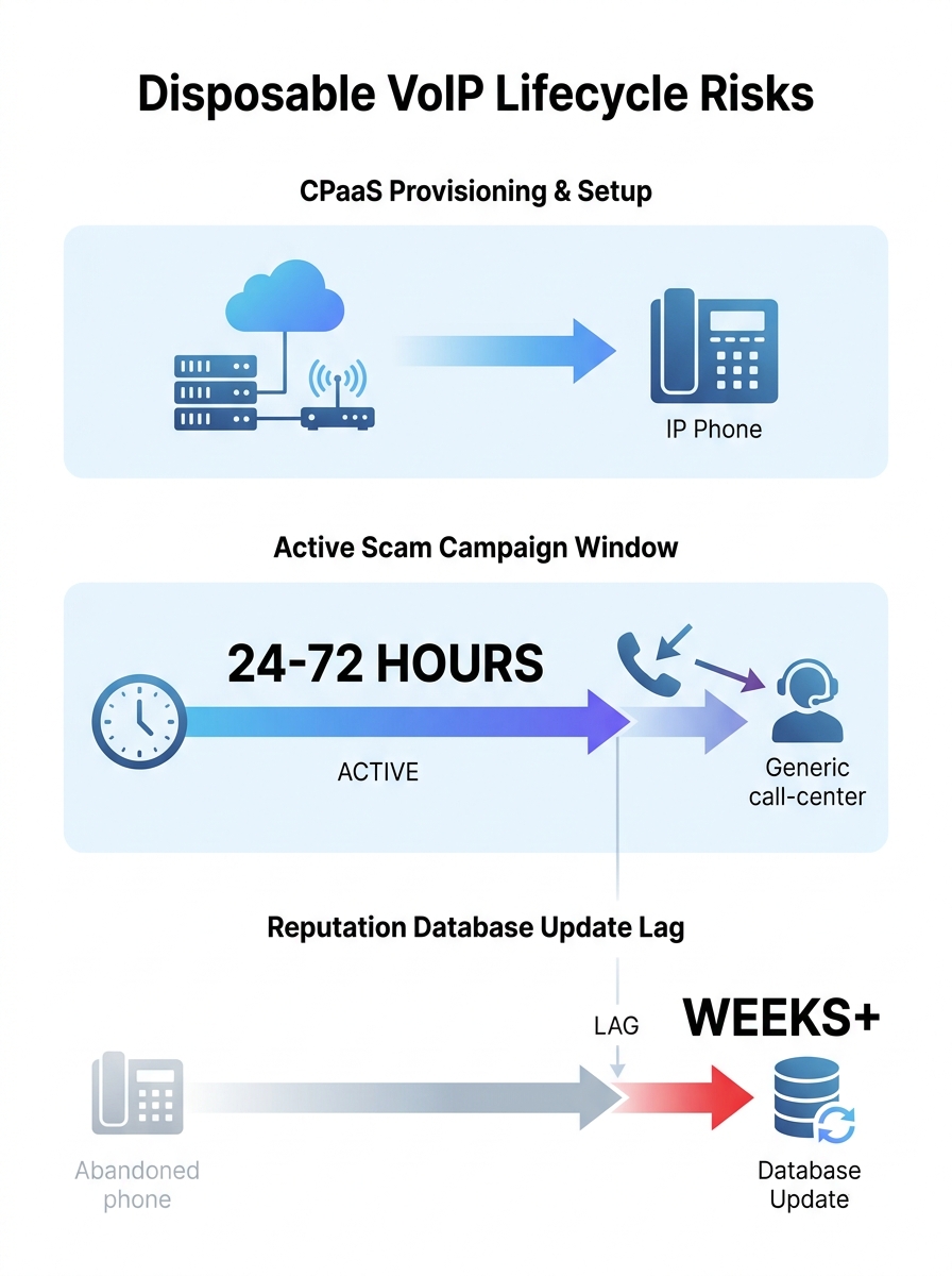Infographic showing the lifecycle of a disposable VoIP number from CPaaS provisioning through scam campaign use to abandonment, with timeline markers showing 24-72 hour active windows versus reputatio