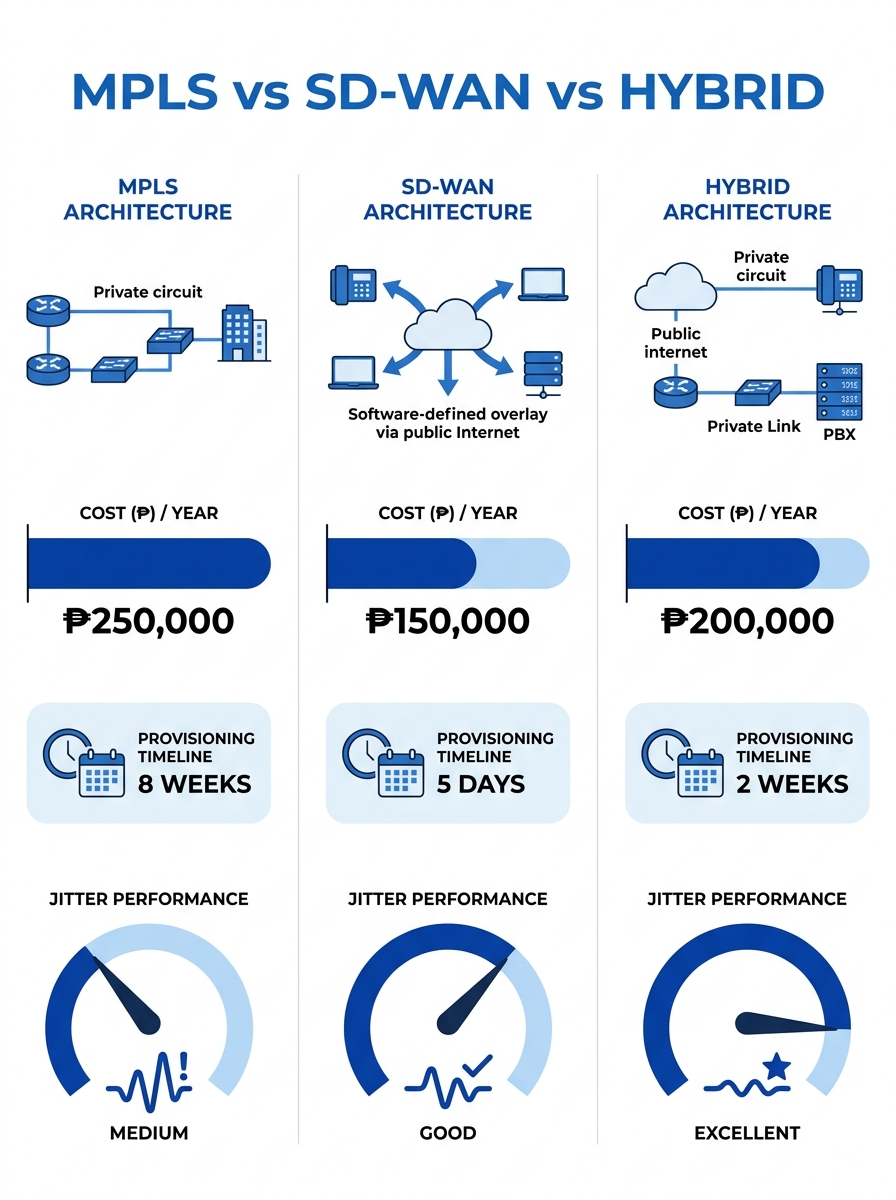 Infographic comparing MPLS, SD-WAN, and Hybrid network architectures side by side, showing cost bars in Philippine pesos, provisioning timelines in weeks versus days, and jitter performance gauges for