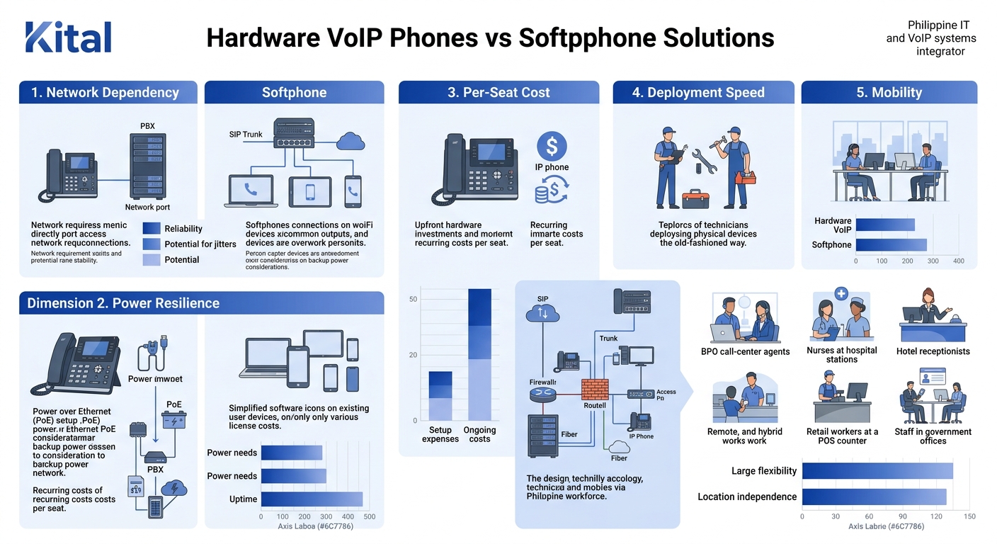 Infographic comparing hardware VoIP phones and softphone solutions across five dimensions: network dependency, power resilience, per-seat cost, deployment speed, and mobility, with icons and compariso