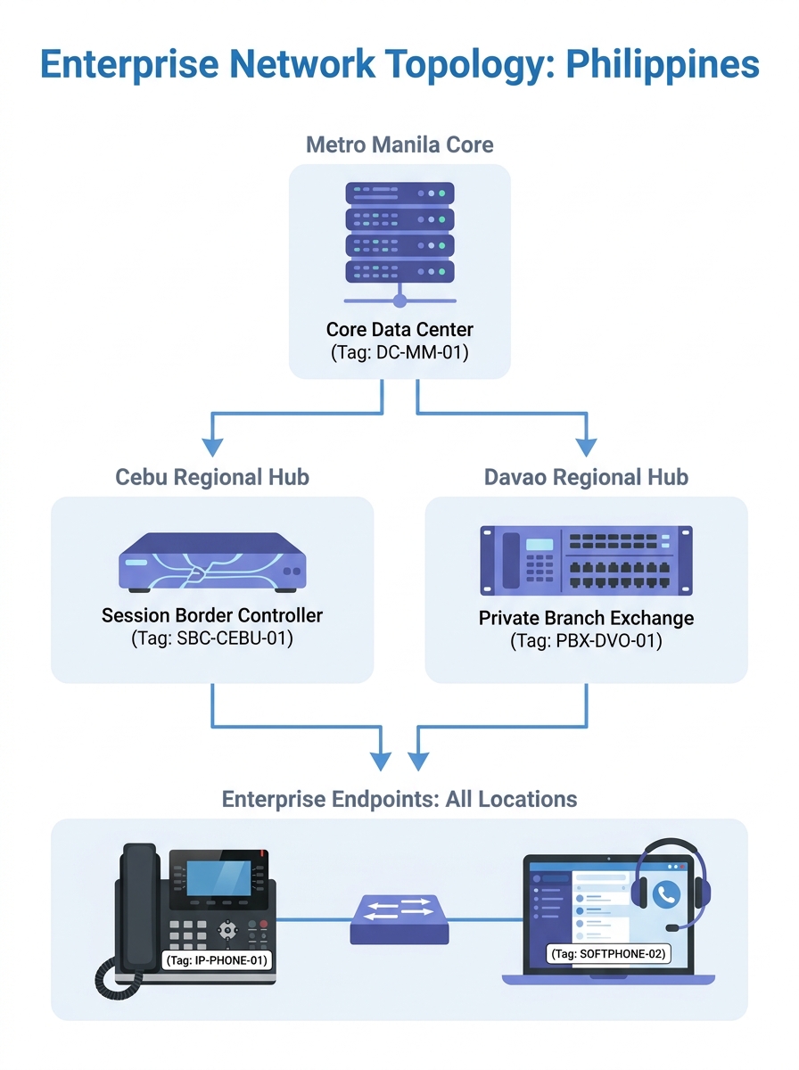 a network topology diagram showing a Philippine enterprise with multiple office locations in Metro Manila, Cebu, and Davao, with icons representing IP phones, softphones, SBCs, and PBX systems all con