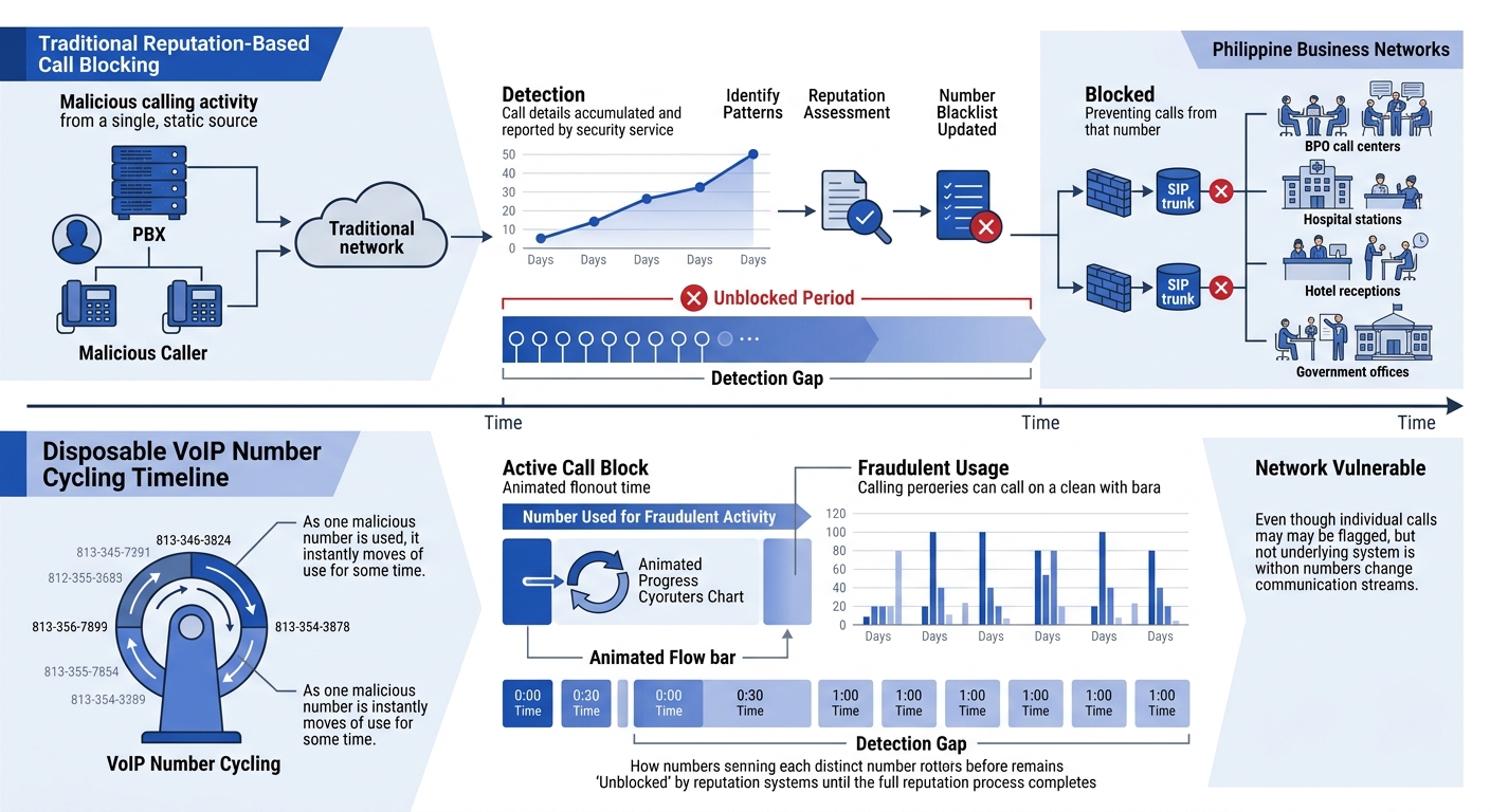 Diagram comparing traditional reputation-based call blocking timeline versus disposable VoIP number cycling timeline, showing the detection gap where numbers remain unblocked