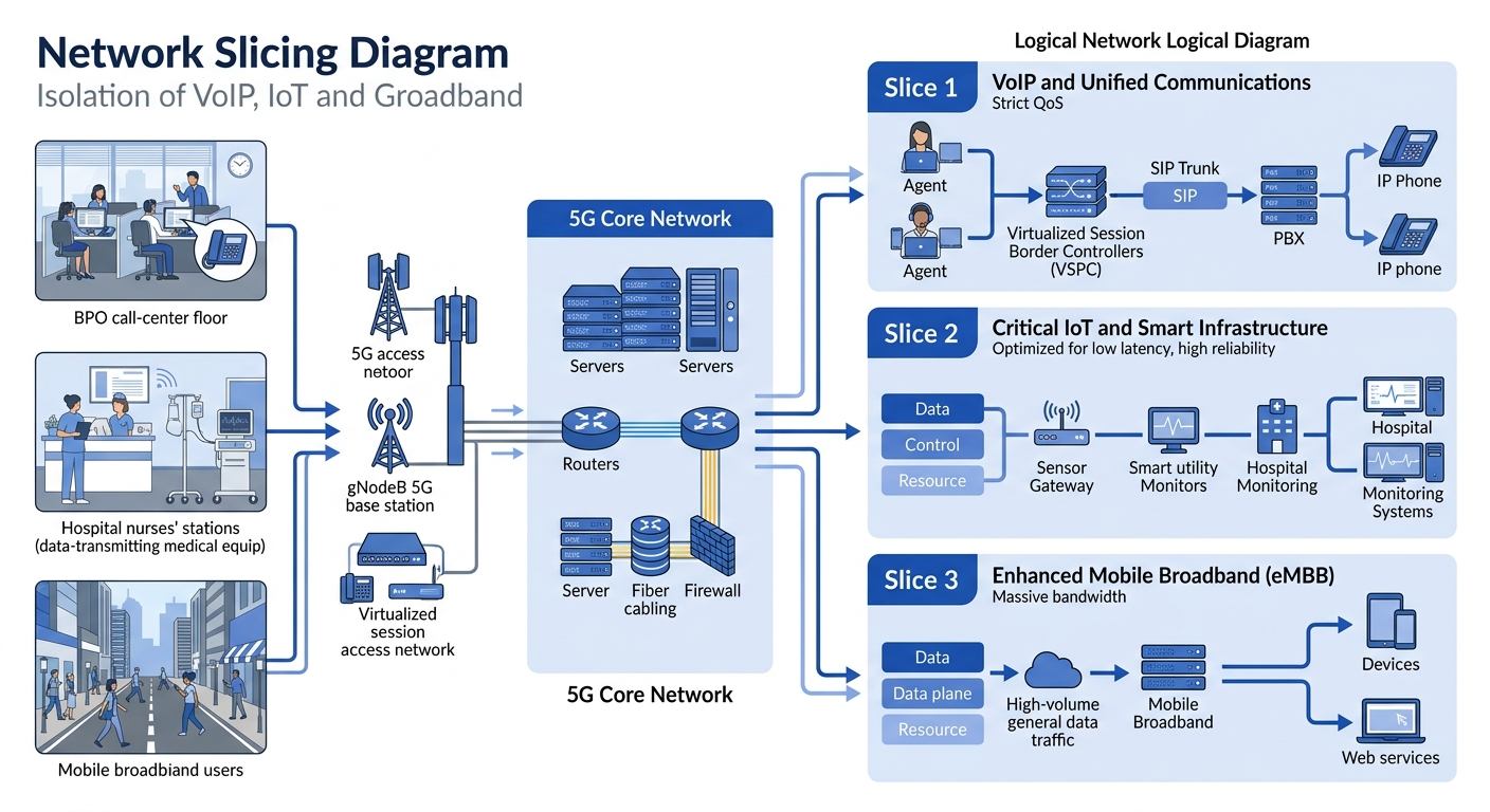 Diagram showing how network slicing separates VoIP, IoT, and general data traffic into isolated virtual networks on a single 5G physical infrastructure