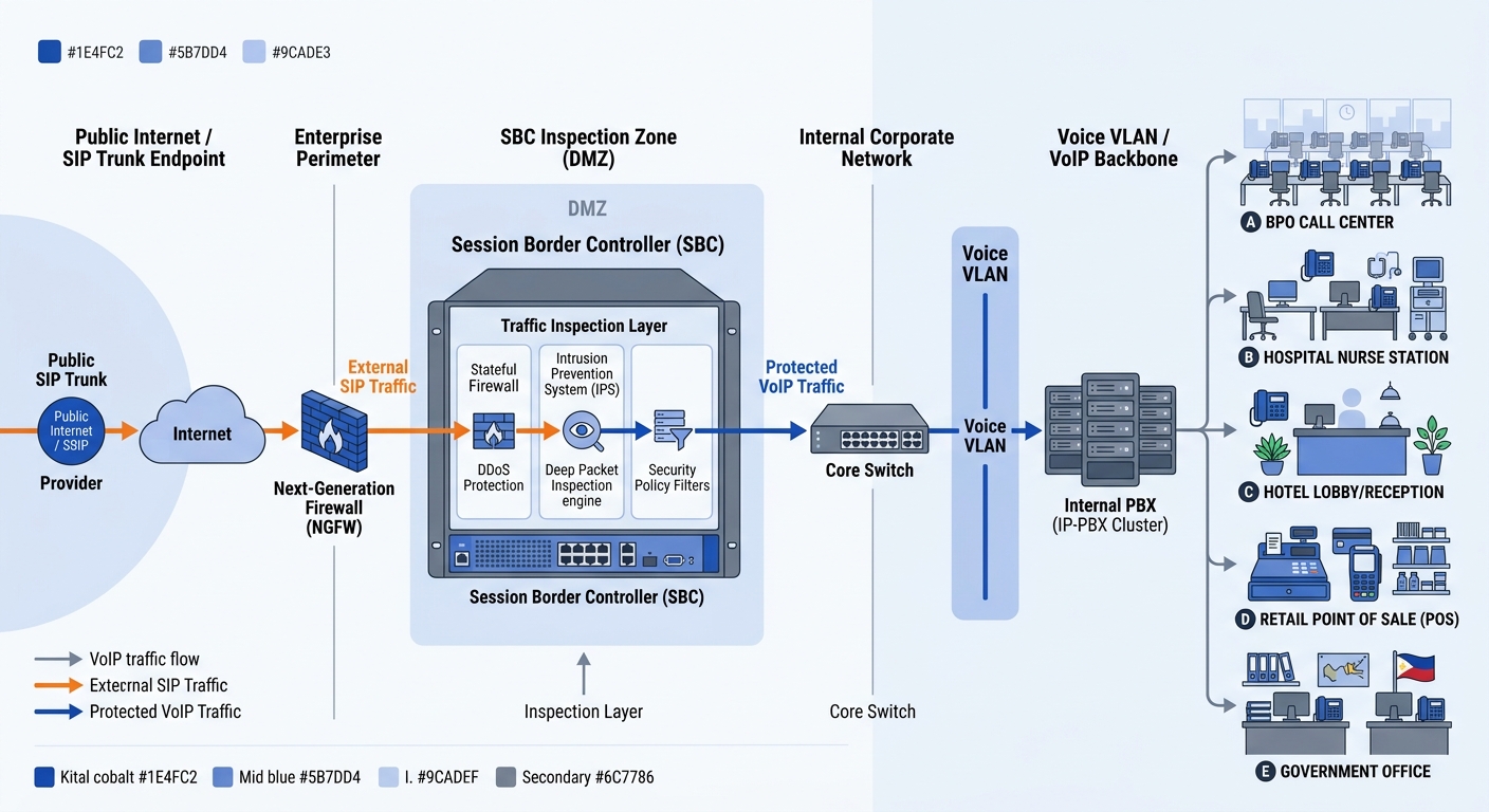 diagram showing a Philippine enterprise network architecture with an SBC positioned between the public SIP trunk and internal PBX, illustrating traffic flow from the internet through the SBC's inspect