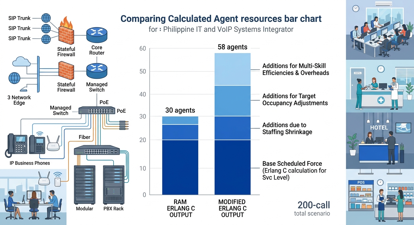 side-by-side bar chart comparing raw Erlang C output of 30 agents versus modified Erlang C output of 58 agents for the same 200-call scenario, with segments showing shrinkage, occupancy, and multi-ski