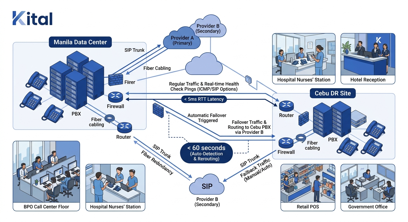 Diagram showing a SIP trunk failover setup with two PBX systems in Manila and Cebu, dual SIP trunk providers, and automated health-check ping flows between sites with labeled recovery time windows