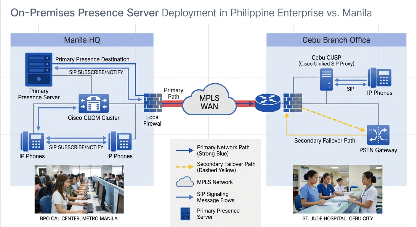 A network diagram showing an on-premises presence server deployment for a Philippine enterprise with two offices — Manila HQ with Cisco CUCM cluster and Cebu branch office connected via MPLS, showing 