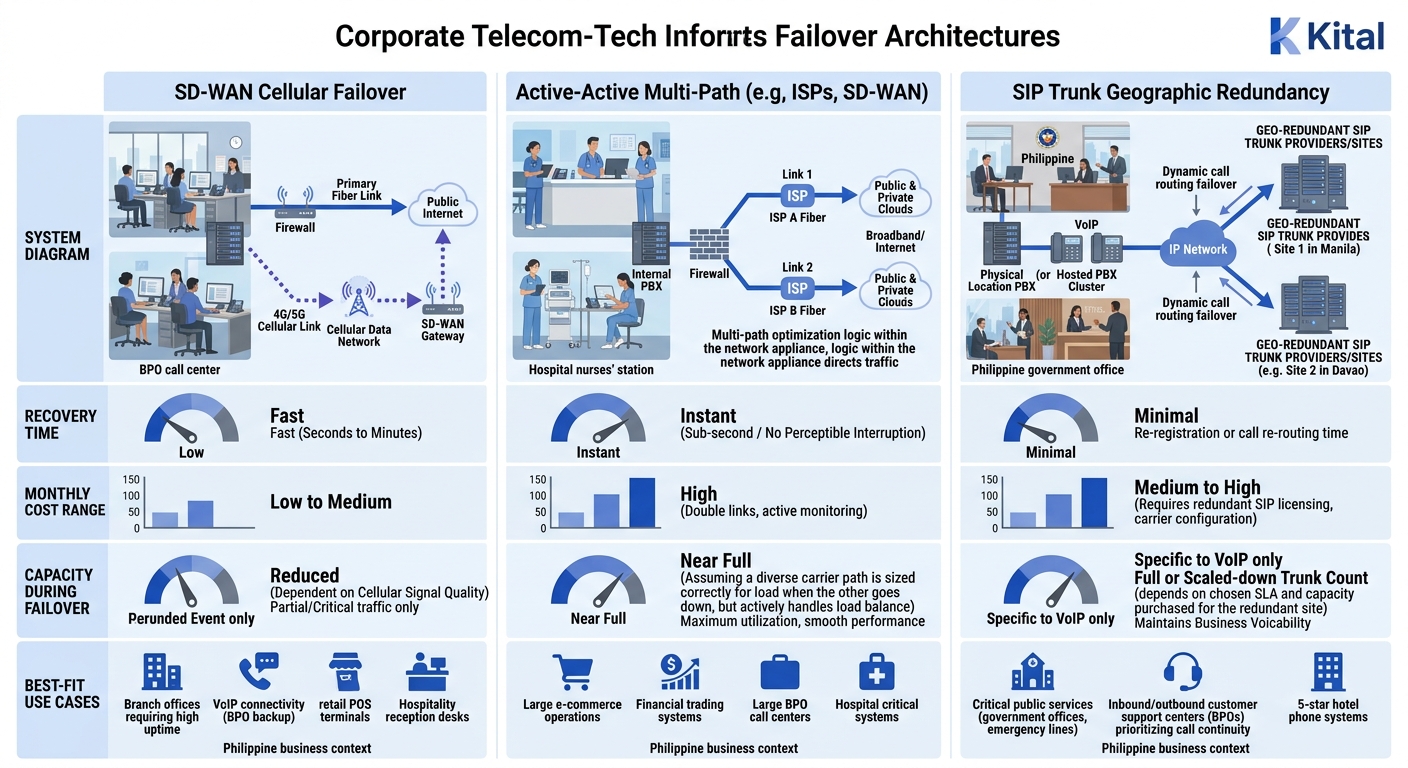 Infographic comparing three failover architectures side by side showing recovery time, monthly cost range, capacity during failover, and best-fit use cases for SD-WAN cellular, active-active multi-pat