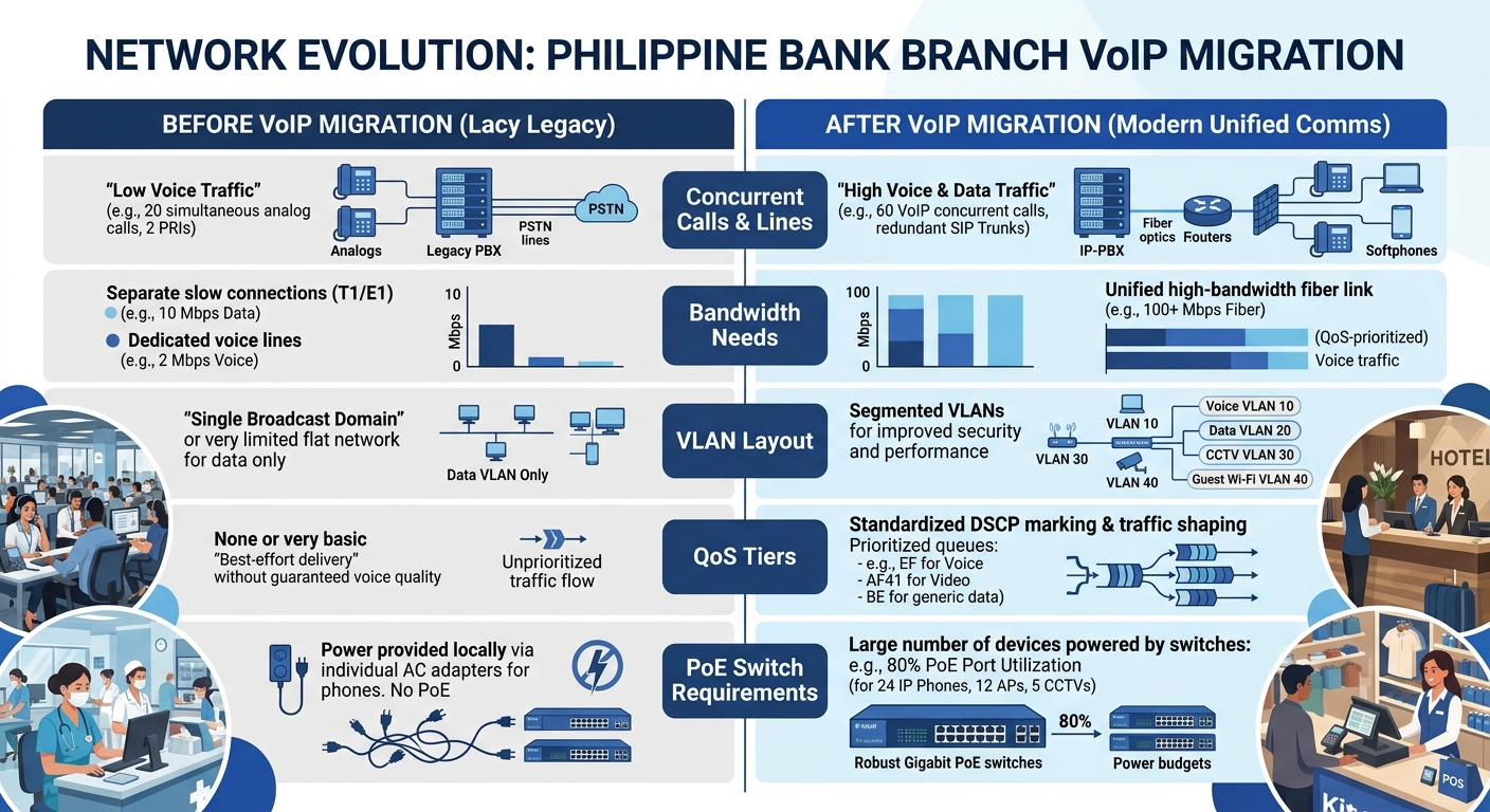 Infographic comparing network requirements at a typical Philippine bank branch before and after VoIP migration, showing bandwidth needs, VLAN layout, QoS tiers, and PoE switch requirements with specif