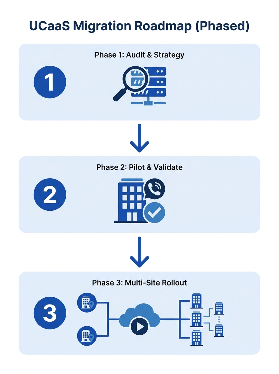 Enterprise telephony migration roadmap showing phased UCaaS deployment across multiple office locations