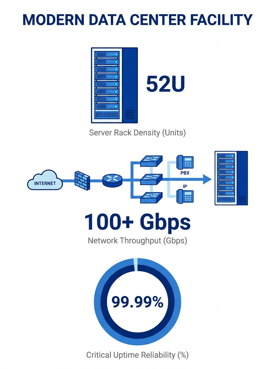 Modern data center facility with rows of server racks and network infrastructure equipment
