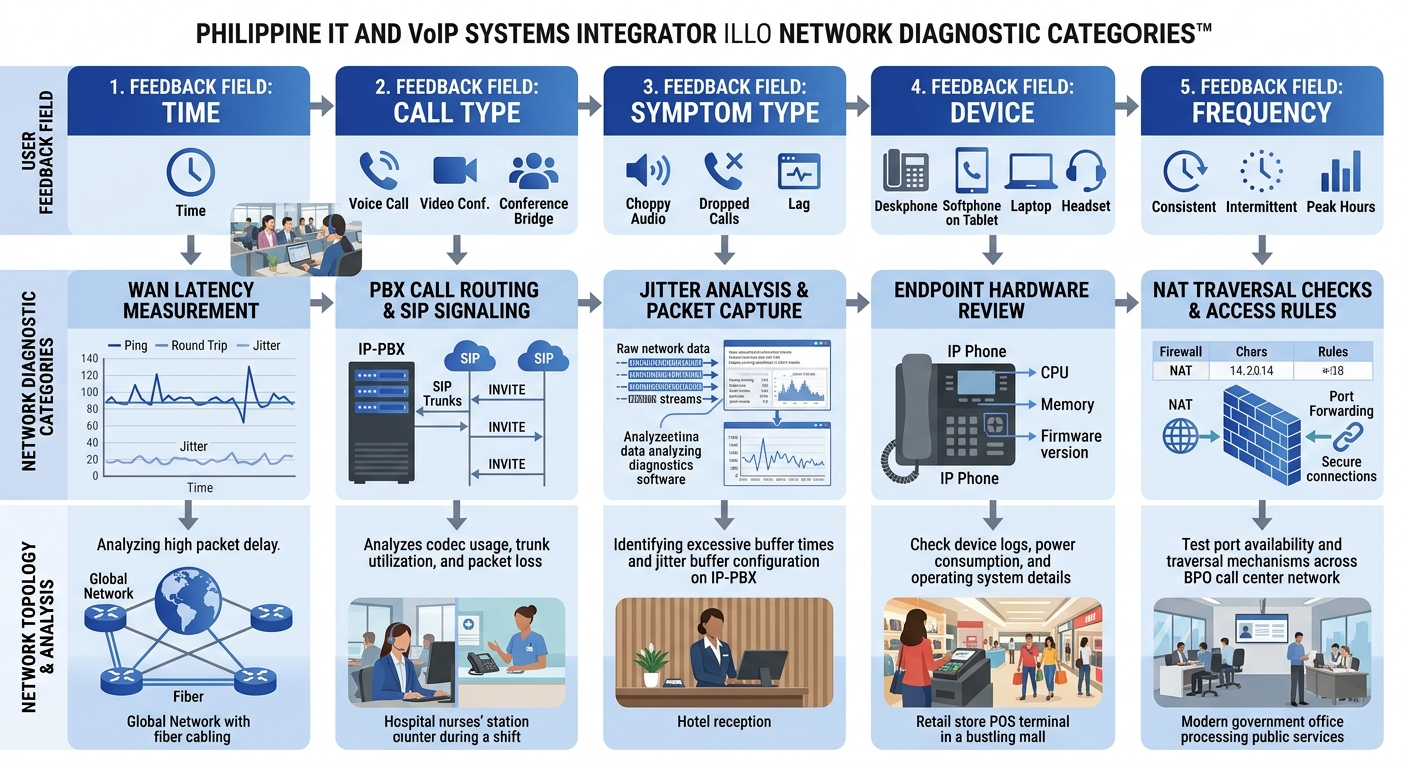 An infographic showing five structured feedback fields (time, call type, symptom type, device, frequency) mapping to corresponding network diagnostic categories like jitter analysis, NAT traversal che
