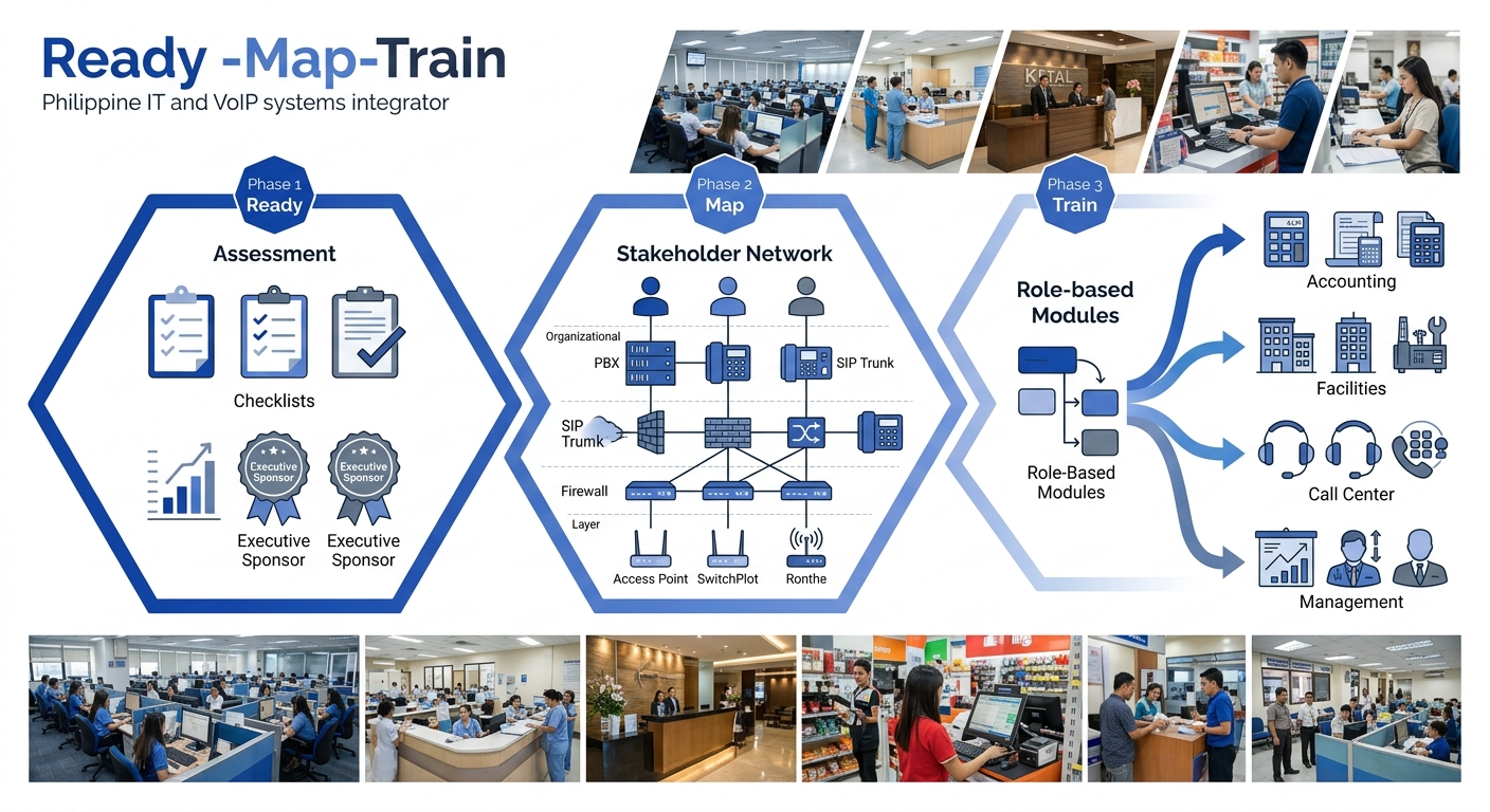 diagram showing the Ready-Map-Train sequence with three connected hexagonal phases — phase 1 labeled Ready showing assessment icons like checklists and executive sponsor badges, phase 2 labeled Map sh