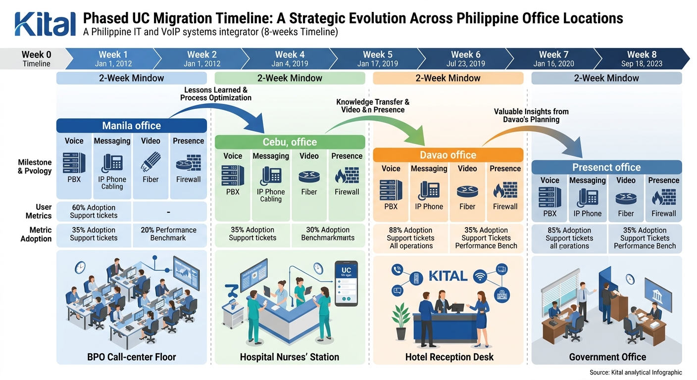 timeline visualization showing a phased UC migration across three Philippine office locations — Manila in blue, Cebu in green, and Davao in orange — with staggered 2-week deployment windows over 8 wee