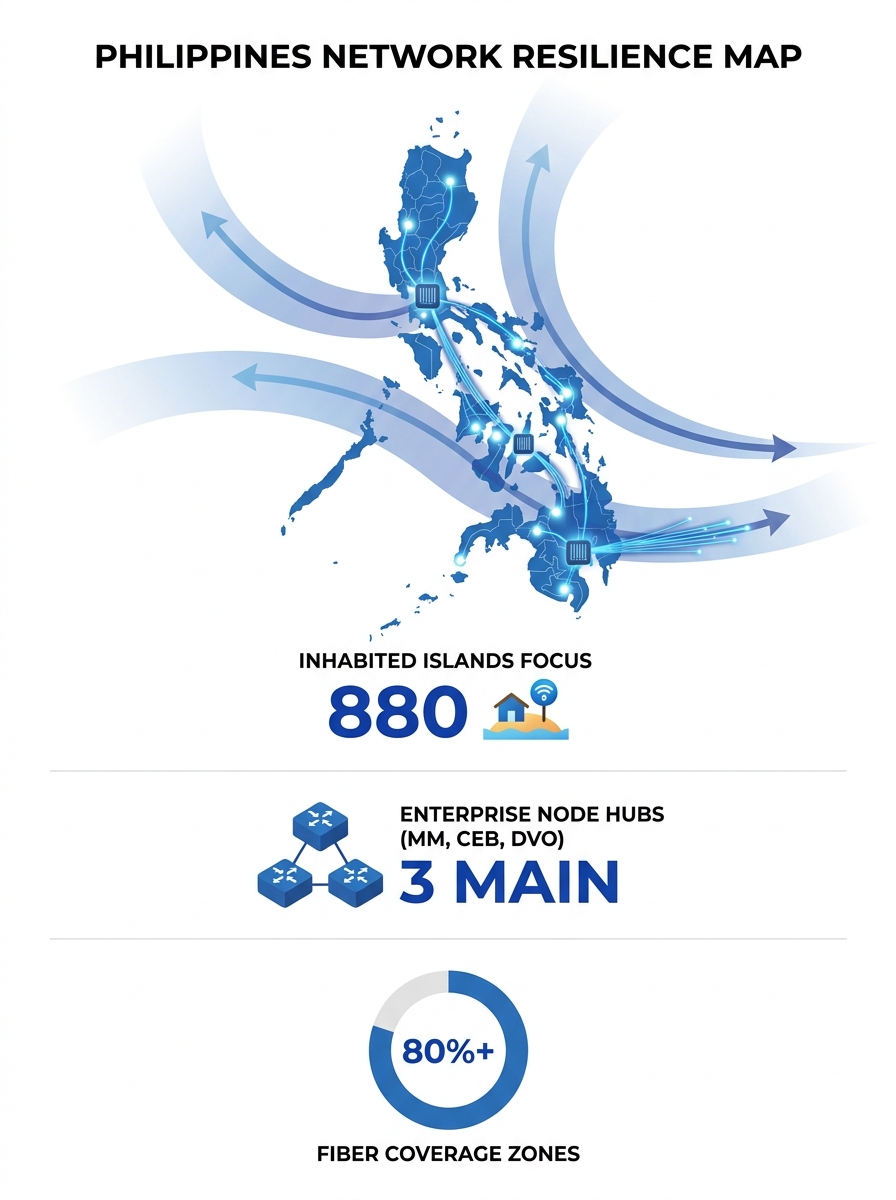 Map of the Philippines highlighting 880 inhabited islands with overlay graphics depicting typhoon paths, fiber infrastructure coverage zones, and enterprise network nodes in Metro Manila, Cebu, and Da