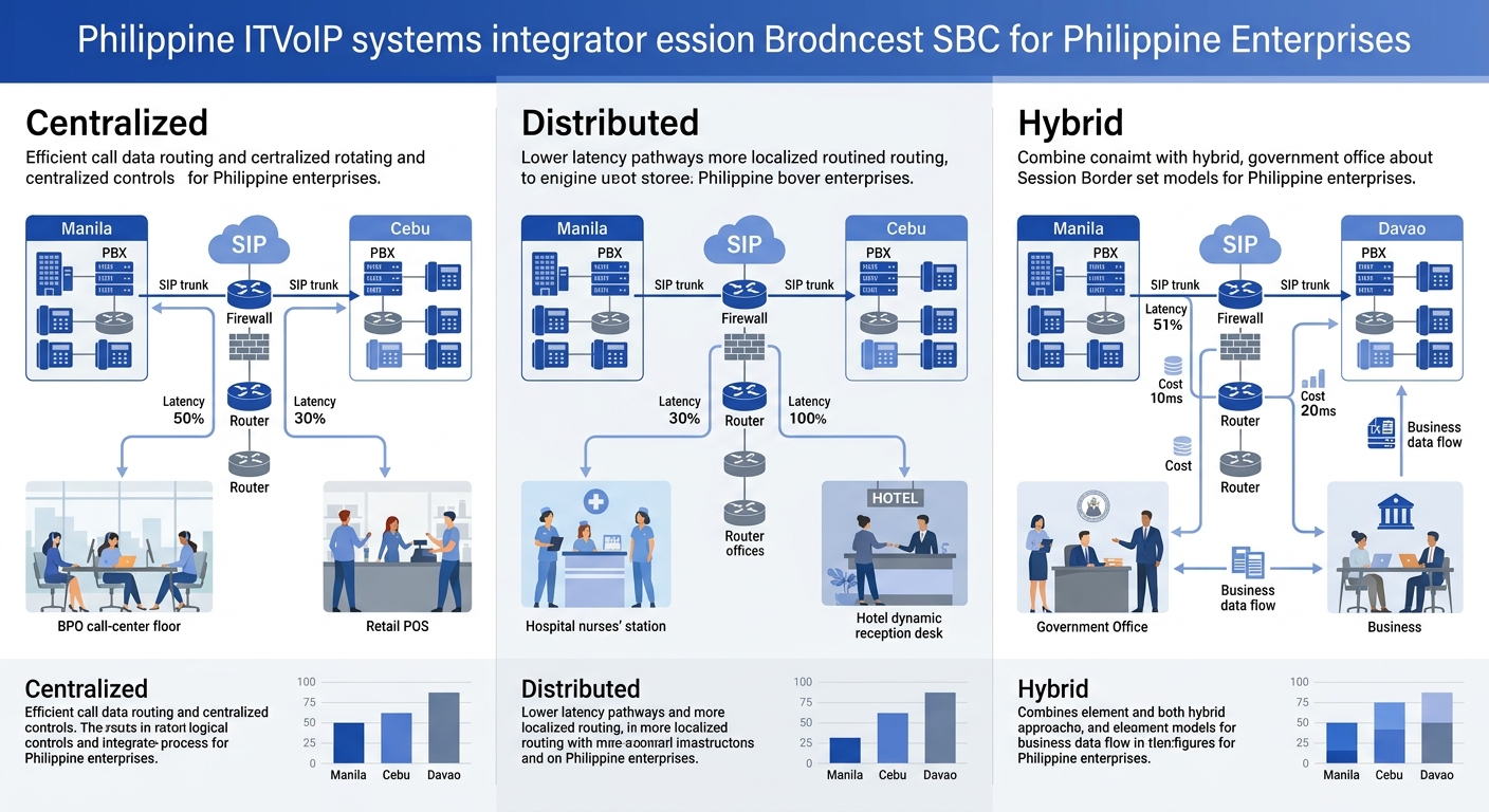 Infographic comparing three SBC deployment models for Philippine enterprises, showing call flow paths between Manila, Cebu, and Davao offices, with latency figures and cost indicators for centralized,