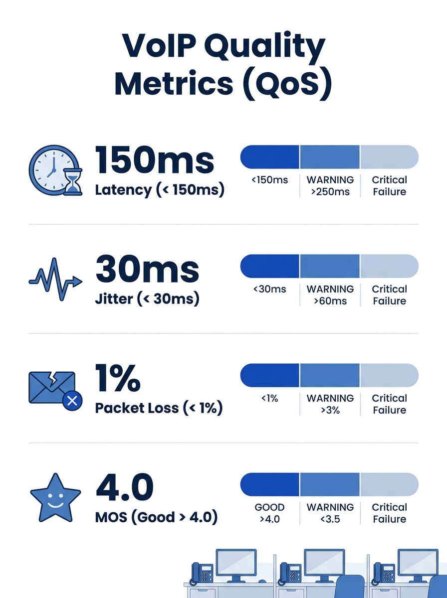 Infographic showing four VoIP quality metrics — latency, jitter, packet loss, and MOS — with their acceptable thresholds, warning zones, and critical failure thresholds displayed as horizontal gauge b