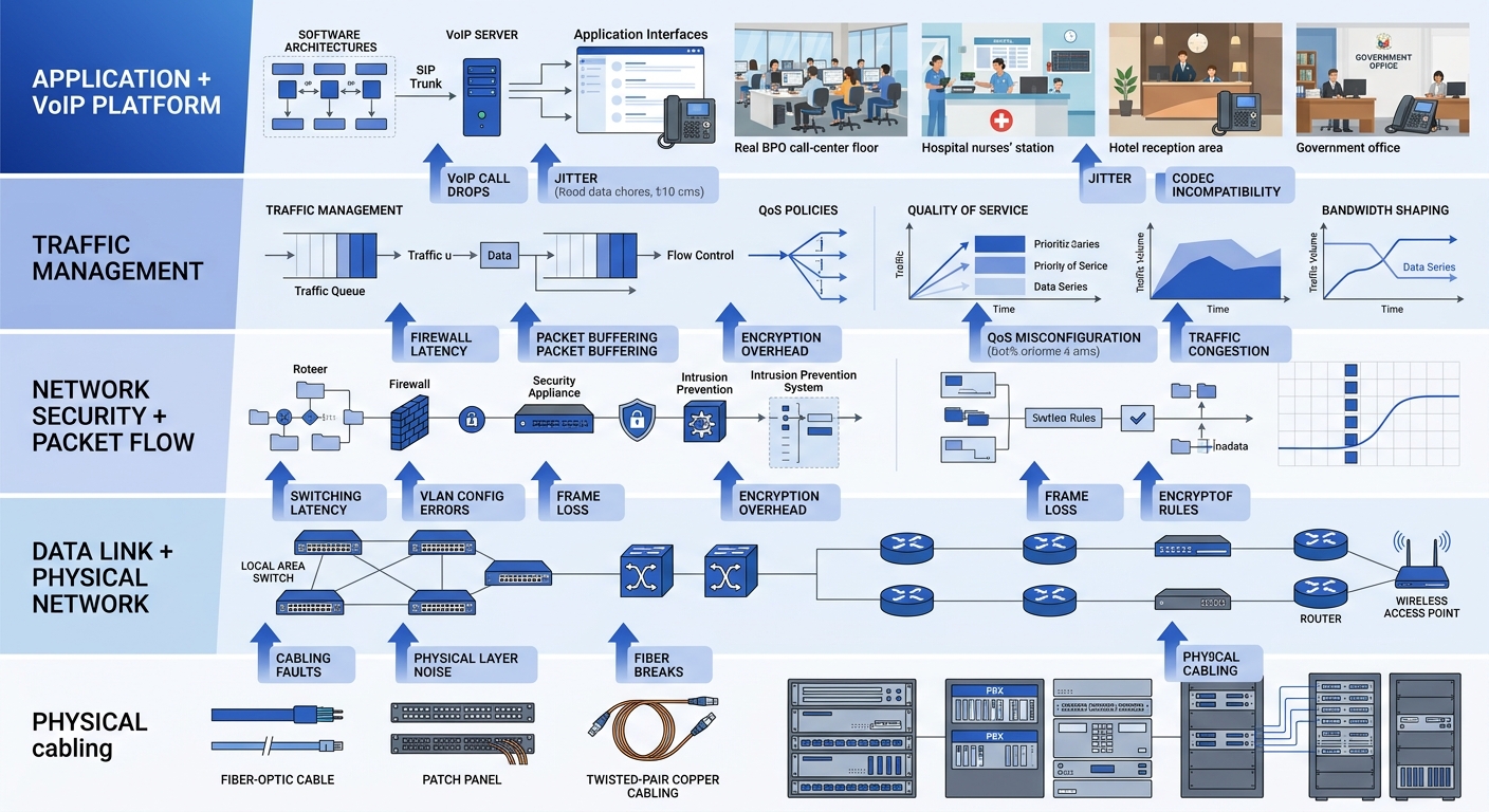 Network stack diagram showing layers from physical cabling at bottom through switches, firewalls, QoS policies, and VoIP platform at top, with arrows indicating where specific metric degradations orig