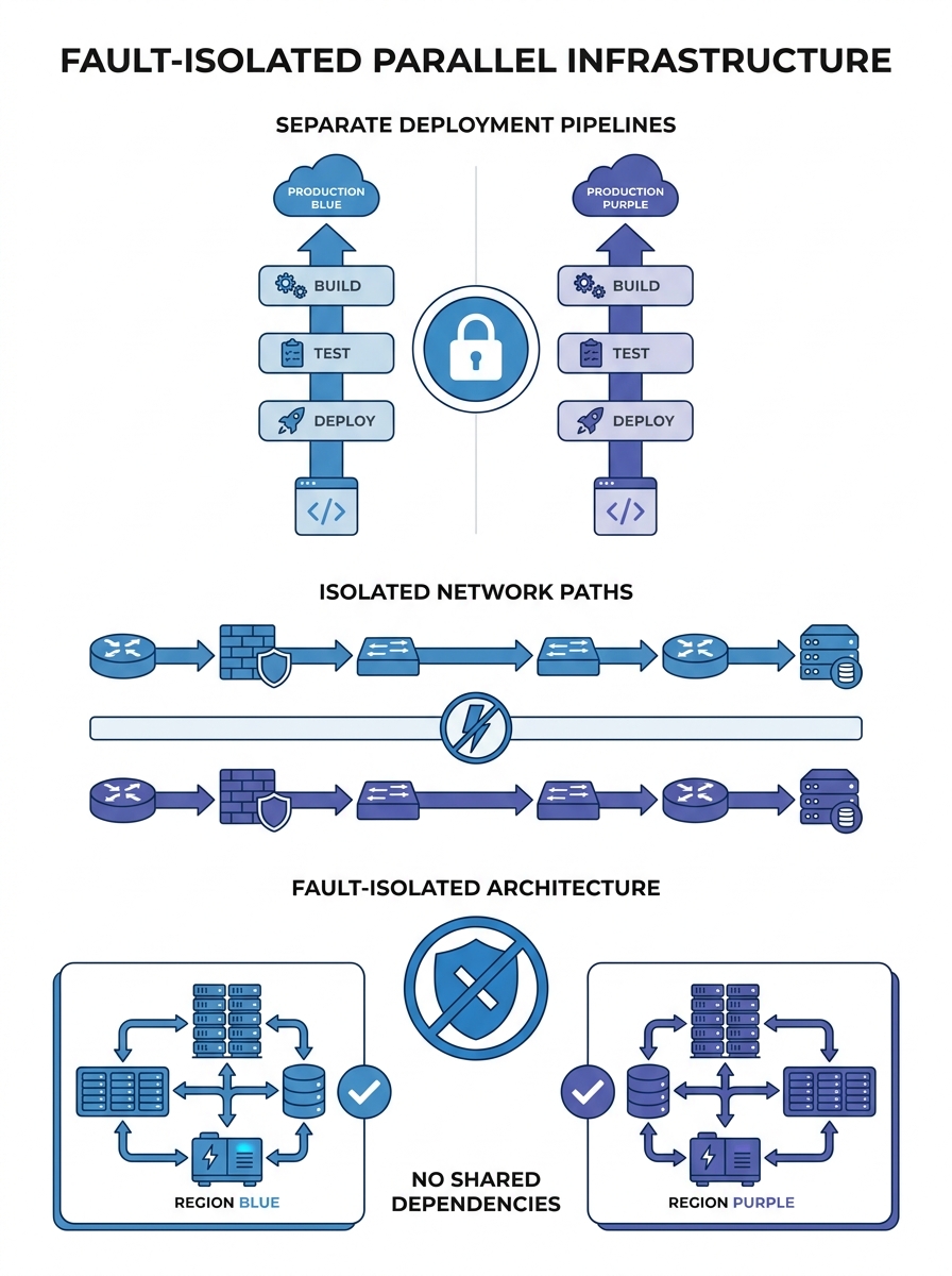 Diagram showing fault-isolated parallel infrastructure architecture with separate deployment pipelines and network paths
