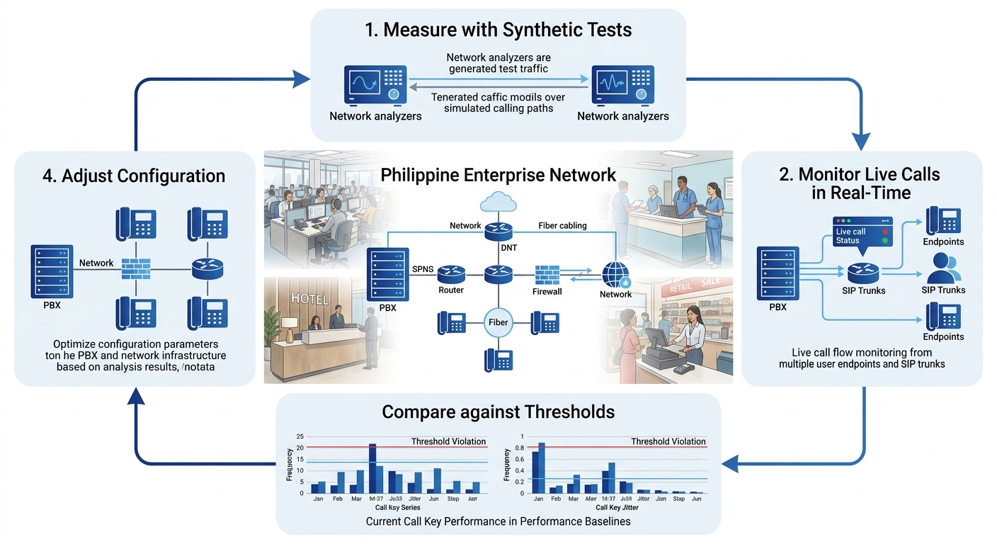 Flowchart showing the four stages of the VoIP performance validation cycle — measure with synthetic tests, monitor live calls in real-time, compare against thresholds, adjust configuration — with arro