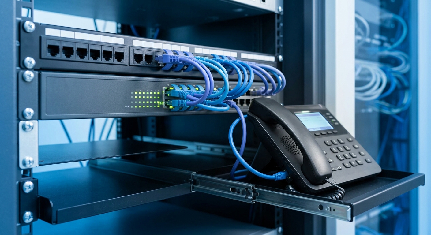 a close-up photograph of a network rack in a Philippine office showing Ethernet cables, a managed switch with port status LEDs, and an IP phone connected via a patch panel — illustrating the physical