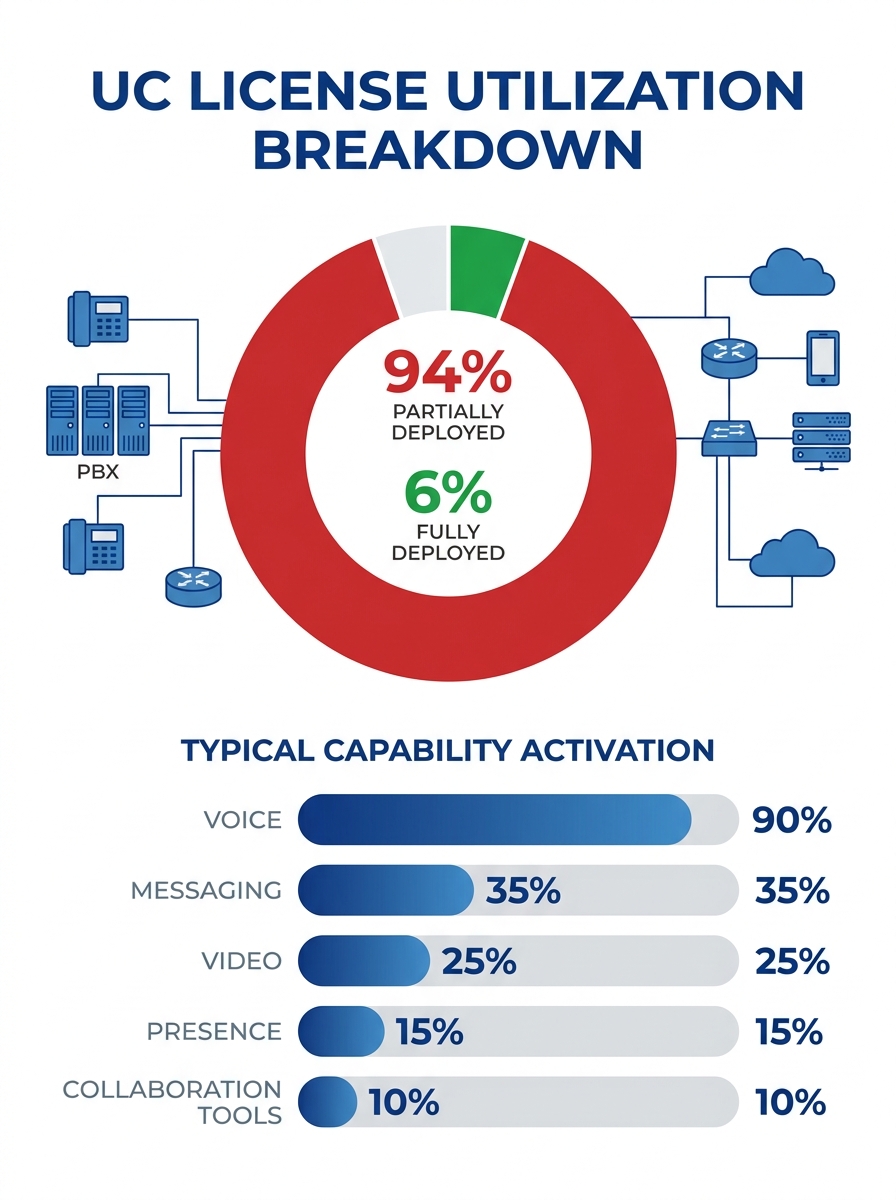 infographic showing UC license utilization breakdown with a large donut chart — 6% fully deployed in green, 94% partially deployed in red, alongside a horizontal bar chart showing typical capability a