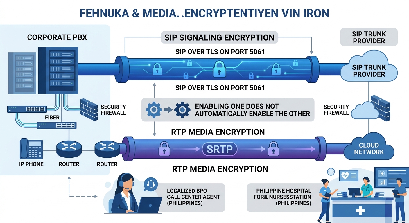 Illustration showing the separation between SIP signaling encryption (TLS on port 5061) and RTP media encryption (SRTP), with a visual representation of both encrypted channels running in parallel bet