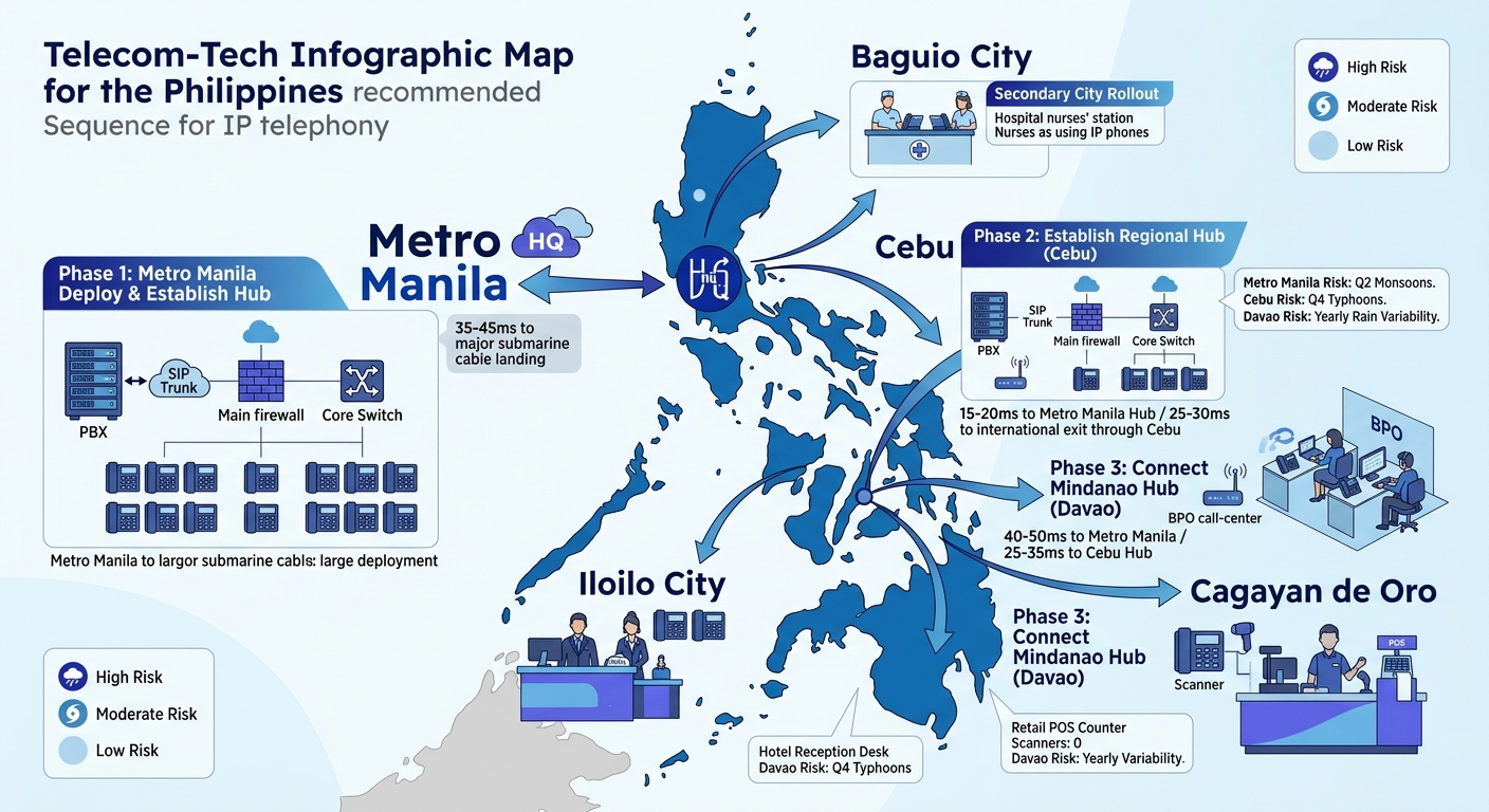 map of the Philippines showing recommended IP telephony deployment sequence with arrows flowing from Metro Manila to Cebu to Davao to secondary cities, with latency figures labeled at each location an