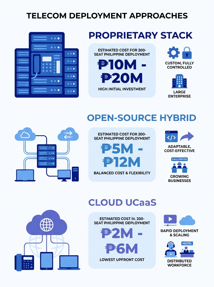 An infographic comparing three telecom infrastructure approaches side by side — proprietary stack, open-source hybrid, and cloud UCaaS — showing estimated cost ranges for a 200-seat Philippine deploym