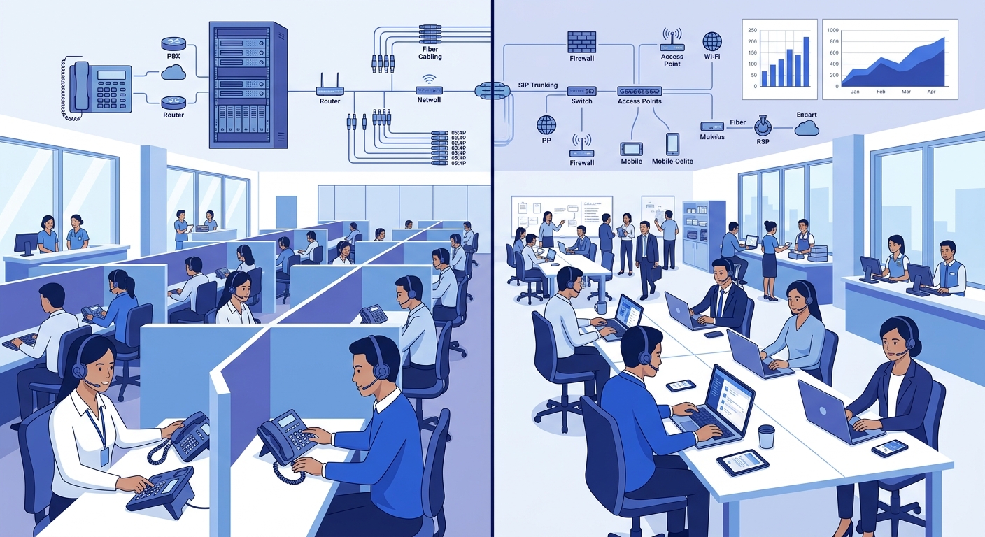A split-view illustration of a Philippine office showing a call center floor with hardware desk phones on the left side, and a modern open workspace with employees using softphones on laptops and mobi