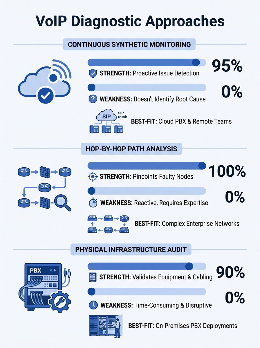 infographic comparing three VoIP diagnostic approaches side by side — continuous synthetic monitoring, hop-by-hop path analysis, and physical infrastructure audit — showing their strengths, weaknesses