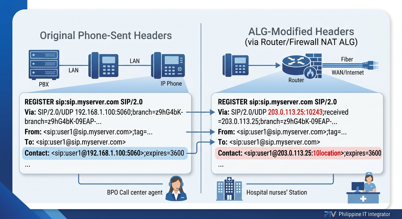 Side-by-side comparison of two SIP REGISTER packet headers, the left showing original phone-sent headers with correct Contact field containing private IP and port 5060, the right showing ALG-modified