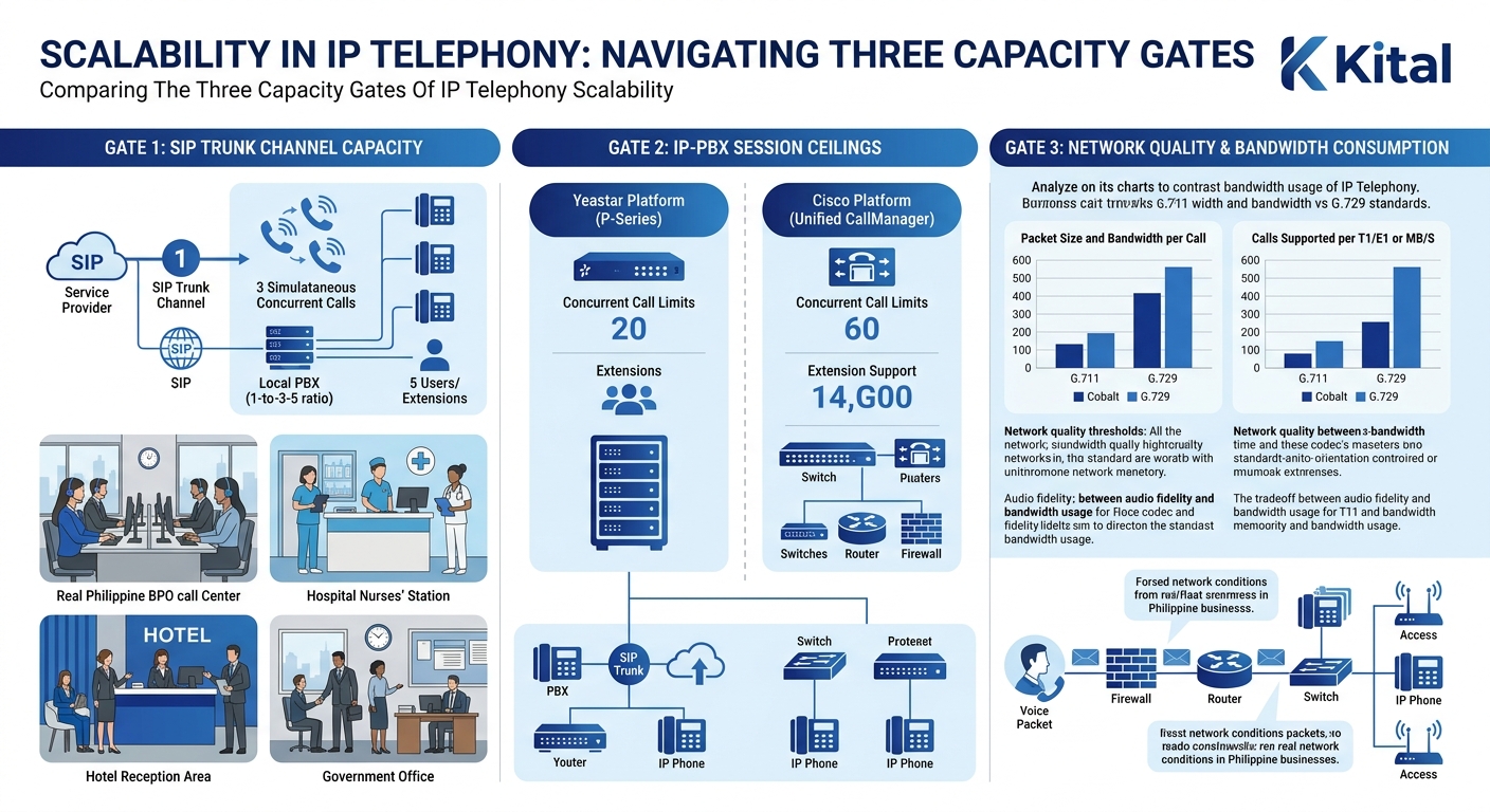 infographic comparing the three capacity gates of IP telephony scalability, showing SIP trunk channels with a 1-to-3-5 user ratio, PBX session ceilings for Yeastar and Cisco platforms, and network qua