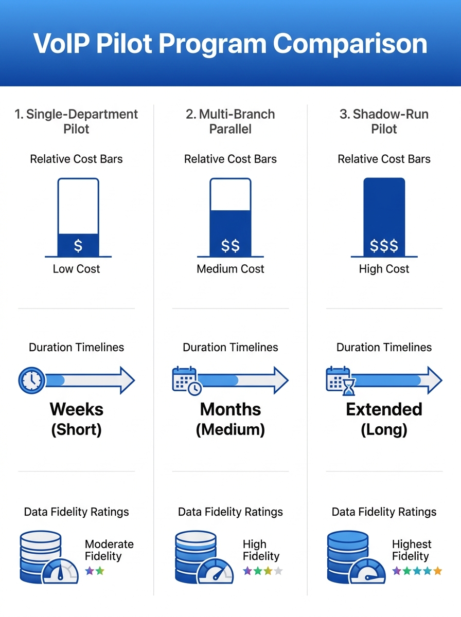 Infographic comparing three VoIP pilot program types side by side — single-department, multi-branch parallel, and shadow-run — showing relative cost bars, duration timelines, and data fidelity ratings