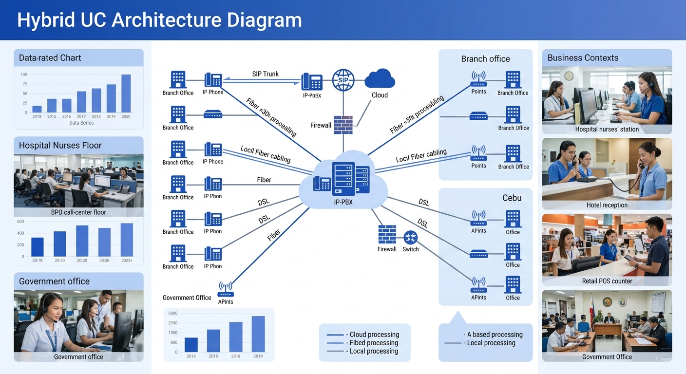 An infographic showing a hybrid UC architecture diagram with a central IP-PBX cluster in Manila, a secondary node in Cebu, and 18 branch offices connected via fiber and DSL links, with bandwidth thres
