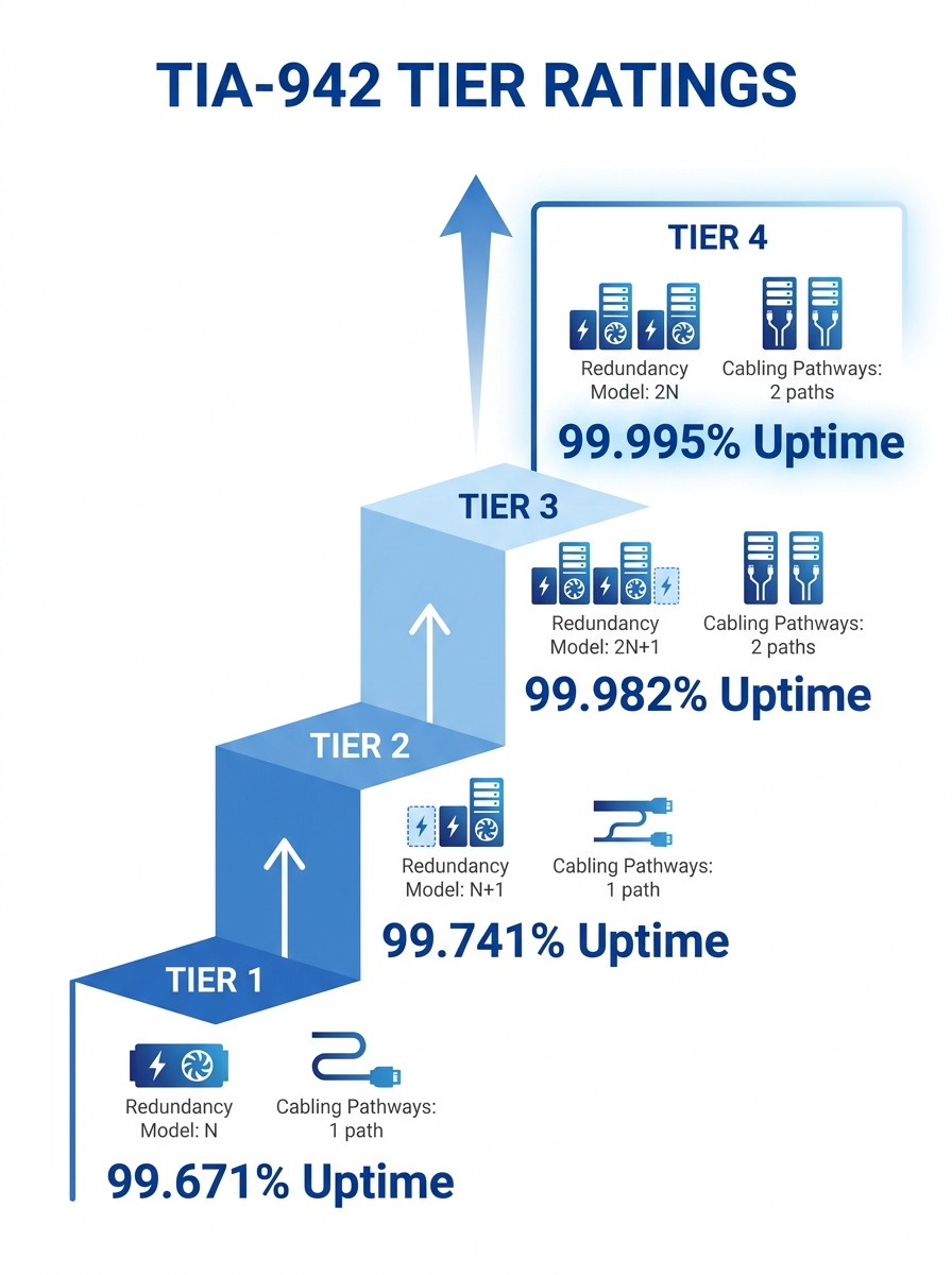 Infographic showing the four TIA-942 data center tier ratings as ascending tiers on a staircase diagram, with each step labeled with its redundancy model, cabling pathway count, and uptime percentage
