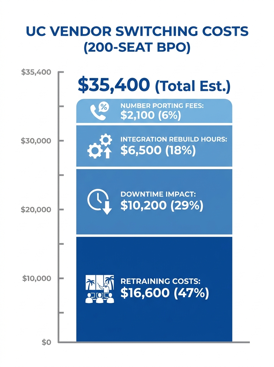 infographic showing the cost breakdown of UC vendor switching for a 200-seat Philippine BPO, including number porting fees, retraining costs, integration rebuild hours, and downtime impact, displayed 